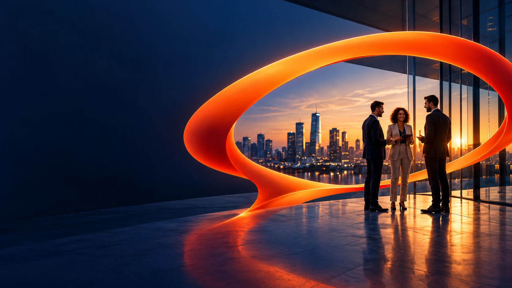 Business professionals connected by a flowing orange ribbon