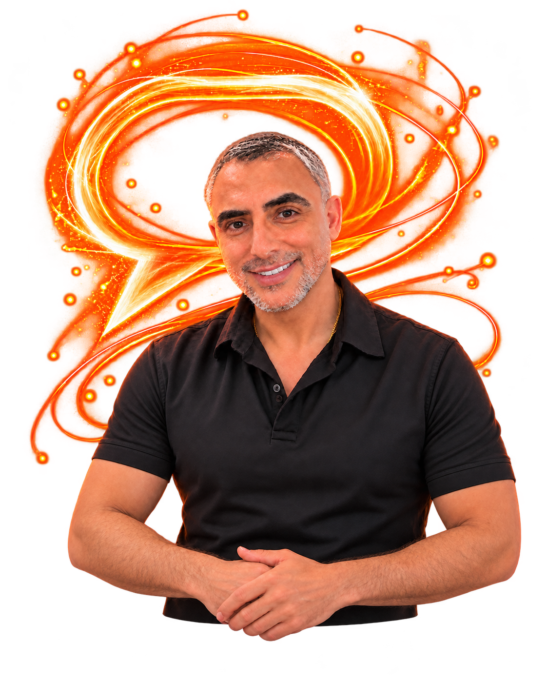 Bust portrait of Tony Ross with the Mobilfy icon in flowing orange light